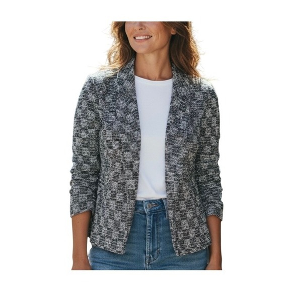 Shelby & Palmer Black White Tweed Open Front Blazer SMALL Jacket Career Washable - Picture 1 of 10